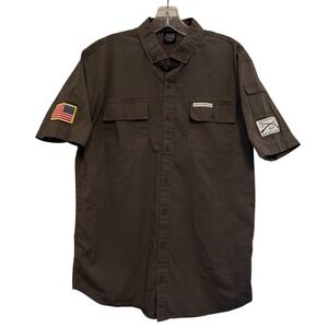 Grunt Style Men Garage Green Shirt Short Sleeve Button Down US Flag Patch Medium